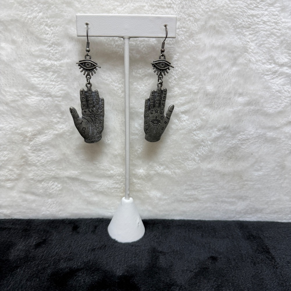 Antiqued Silver Tone Palmistry Hand Drop‎ Earrings Celestial Eye Mystical Occult